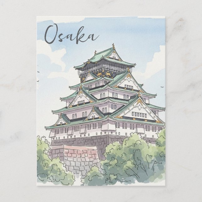 Carte Postale Aquarelle japonaise du château d'Osaka (Devant)