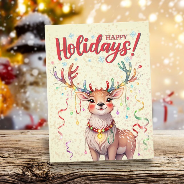 Carte Postale Aquarelle Jaune Jolie lumières de Noël Reindeer (Yellow Watercolor Cute Christmas Lights Reindeer Postcard)