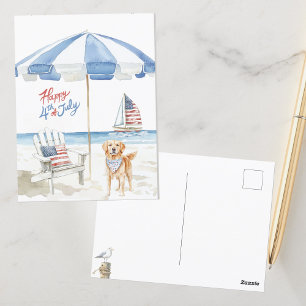 Carte Postale Aquarelle Joyeux 4 juillet Plage Chien patriotique