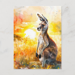 Carte Postale Aquarelle Kangaroo au coucher du soleil