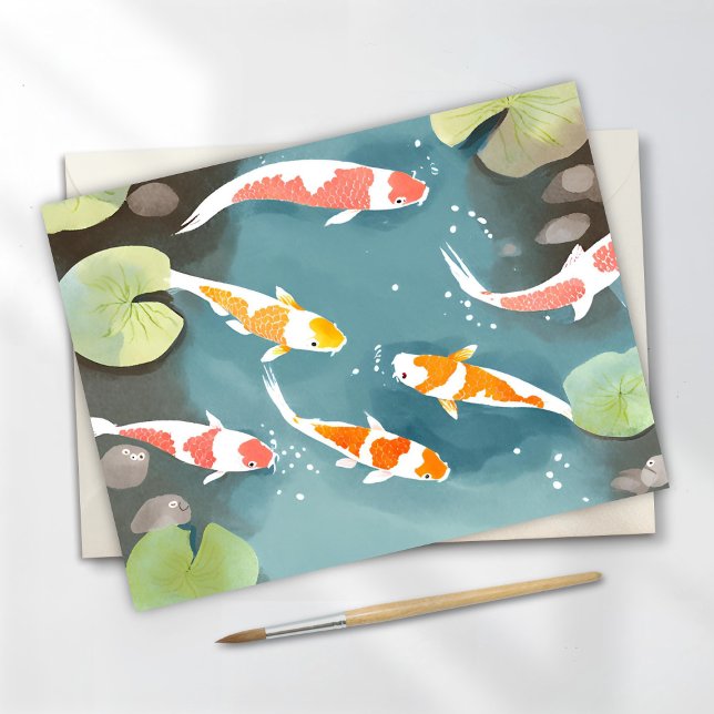 Carte Postale Aquarelle Koi Pond | Belle peinture de poisson (Créateur téléchargé)