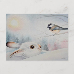 Carte Postale Aquarelle Lapin à Pattes Blanches & Mésange à Tête