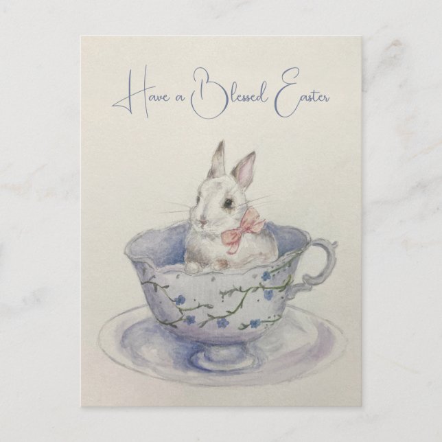 Carte Postale Aquarelle Lapin de Pâques en Teacup (Devant)