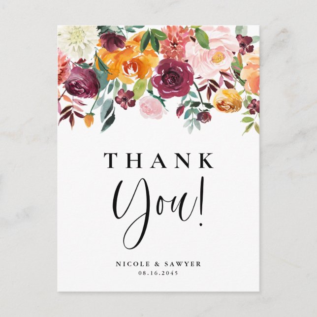 Carte Postale Aquarelle L'automne fleurit Floral Mariage Merci (Devant)