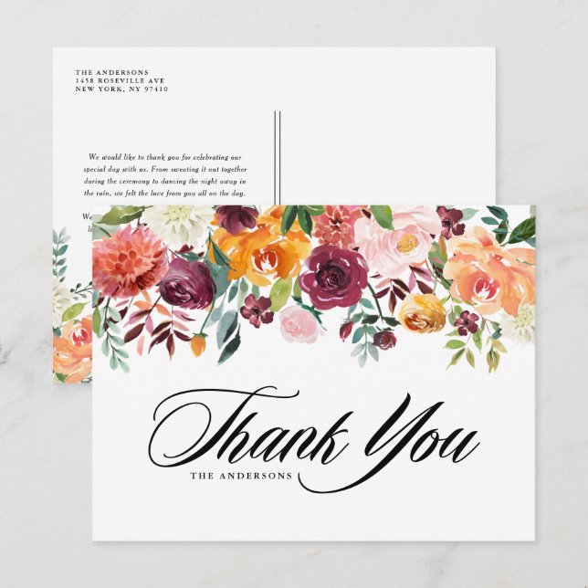 Carte Postale Aquarelle L'automne fleurit Garland Floral Merci (Devant / Derrière)