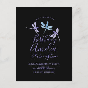 Carte Postale Aquarelle libellule violet noir fête d'anniversair