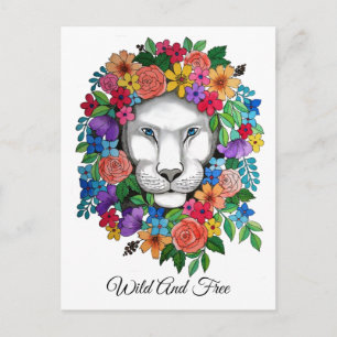 Carte Postale Aquarelle Lion Et Fleurs Arc En Ciel
