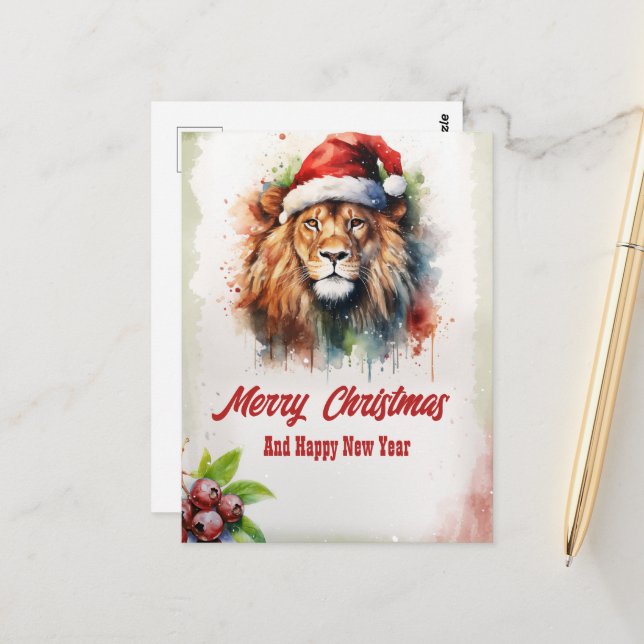 Carte Postale Aquarelle Lion Noël (Devant/Arrière en situation)