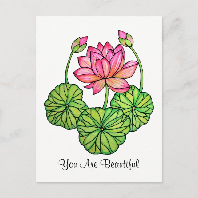 Carte Postale Aquarelle Lotus rose avec Bureaux et Feuilles (Devant)