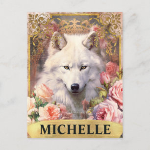 Carte Postale Aquarelle Loup blanc Vintage et roses roses roses