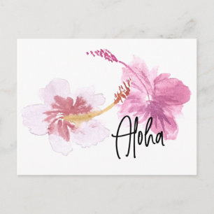 Carte Postale Aquarelle Main Hawaï Hibiscus Floral Rose