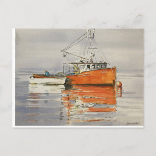 Carte Postale Aquarelle Maine Bateau de pêche Océan Orange Grey