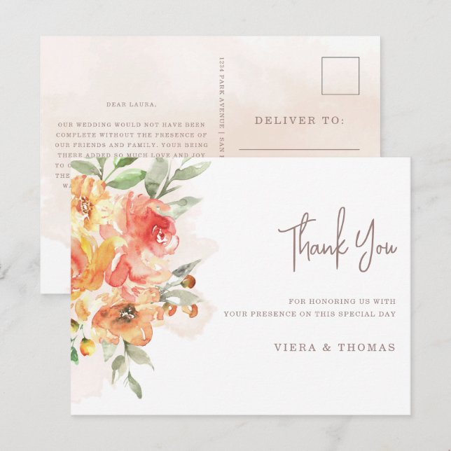 Carte Postale Aquarelle Mariage Floral Merci (Devant / Derrière)