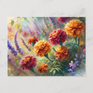 Carte Postale Aquarelle Marigolds et Lavender Garden