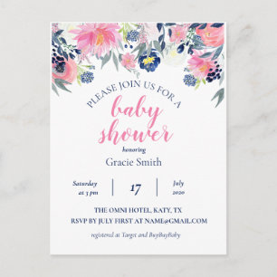 Carte Postale Aquarelle Marine et Baby shower floral rose