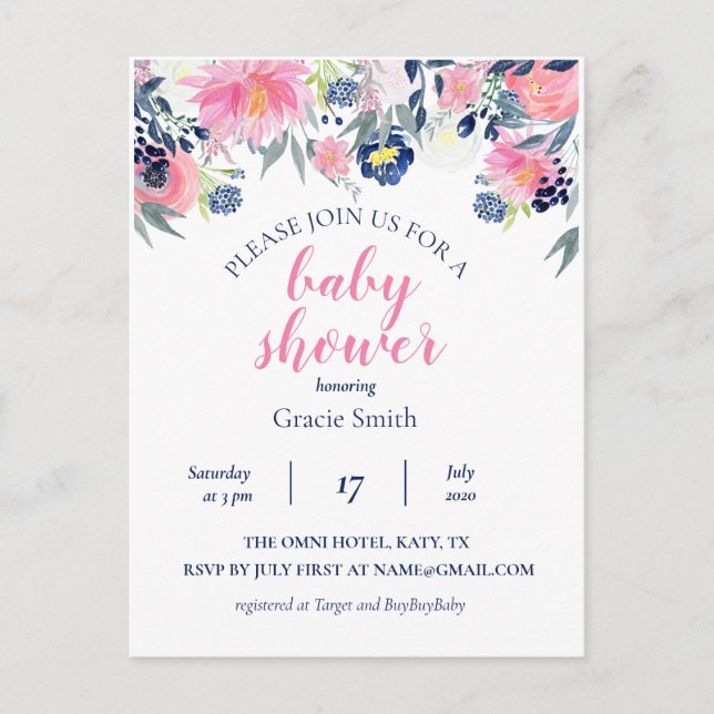 Carte Postale Aquarelle Marine et Baby shower floral rose (Devant)