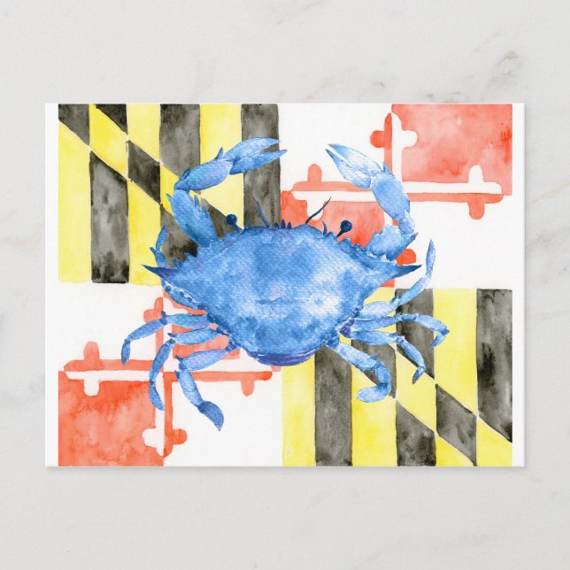 Carte Postale Aquarelle maryland drapeau et crabe bleu (Devant)