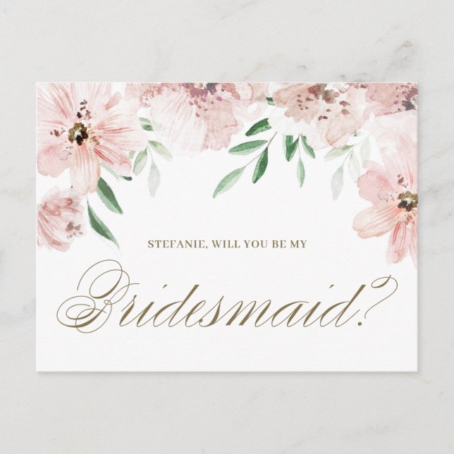 Carte Postale Aquarelle Mauve Floral WI-ll You Be My Bridesmaid (Devant)