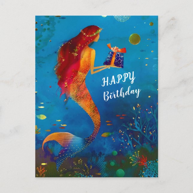 Carte Postale Aquarelle Mer Bleu Profond Paillettes Sirène (Devant)