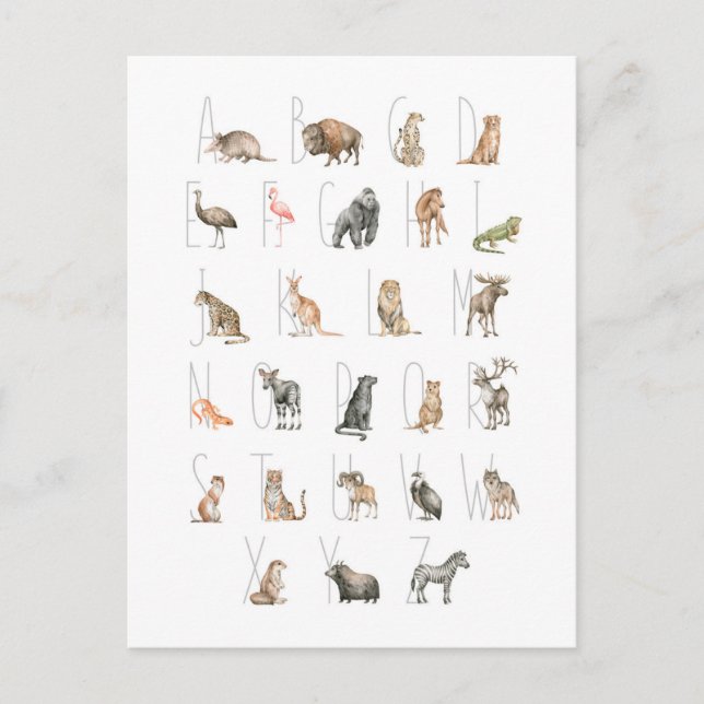 Carte Postale Aquarelle mignonne Alphabet animal (Devant)