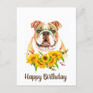 Carte Postale Aquarelle mignonne Bulldog & Sunflowers Anniversai