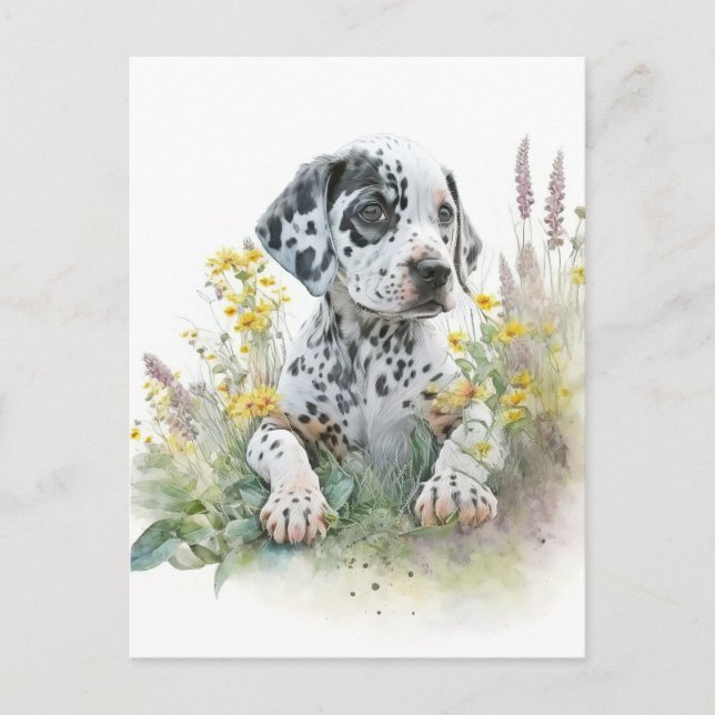 Carte Postale Aquarelle mignonne Floral Dalmatien Chien chiot (Devant)