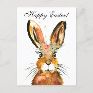 Carte Postale Aquarelle mignonne Lapin Lapin Lièvre Pâques Flora