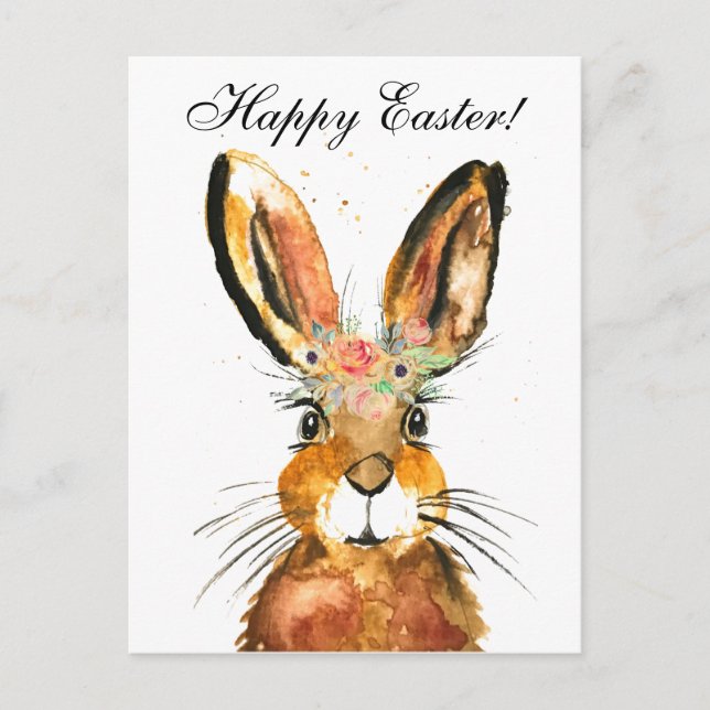 Carte Postale Aquarelle mignonne Lapin Lapin Lièvre Pâques Flora (Devant)