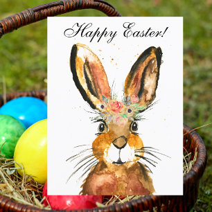 Carte Postale Aquarelle mignonne Lapin Lapin Lièvre Pâques Flora