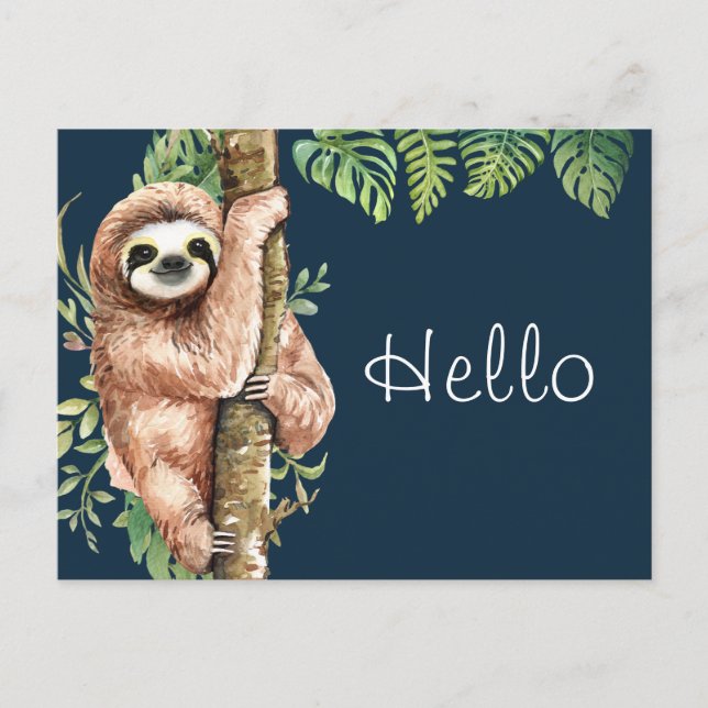 Carte Postale Aquarelle mignonne Sloth & Feuilles tropicaux Hell (Devant)