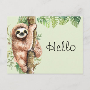 Carte Postale Aquarelle mignonne Sloth & Feuilles tropicaux Hell