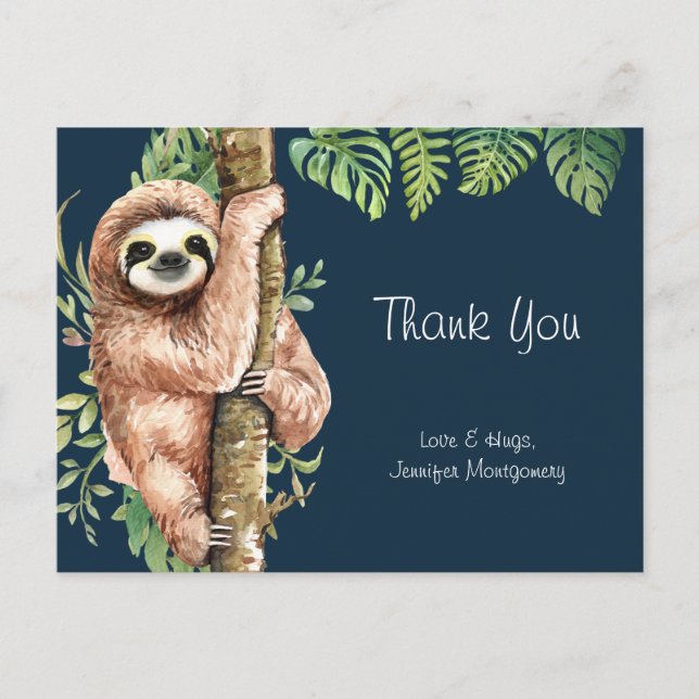 Carte Postale Aquarelle mignonne Sloth & Merci Feuille Tropical (Devant)