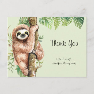 Carte Postale Aquarelle mignonne Sloth & Merci Feuille Tropical