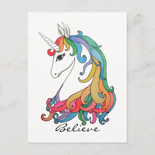 Carte Postale Aquarelle mignonne unicorne arc-en-ciel (Devant)