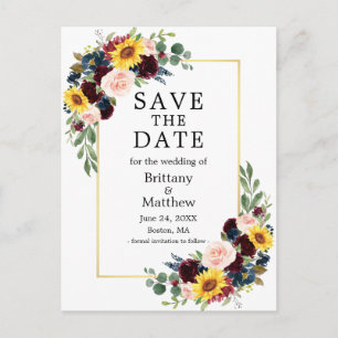 Carte Postale Aquarelle Mixte Floral Gold Frame Enregistrer la d