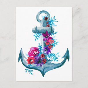 Carte Postale Aquarelle moderne Ancre florale bleu marine
