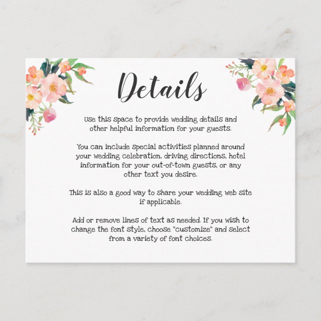 Carte Postale Aquarelle moderne Détails du Mariage Floral (Devant)