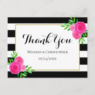 Carte Postale Aquarelle moderne Mariage à rayures florales Merci