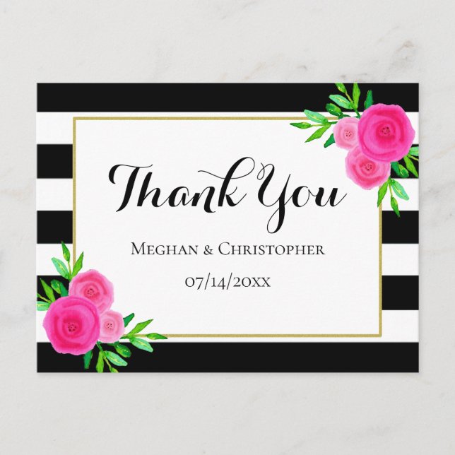 Carte Postale Aquarelle moderne Mariage à rayures florales Merci (Devant)