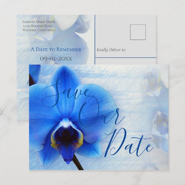 Carte Postale Aquarelle moderne Mariage Floral Orchidée Bleue (Devant / Derrière)