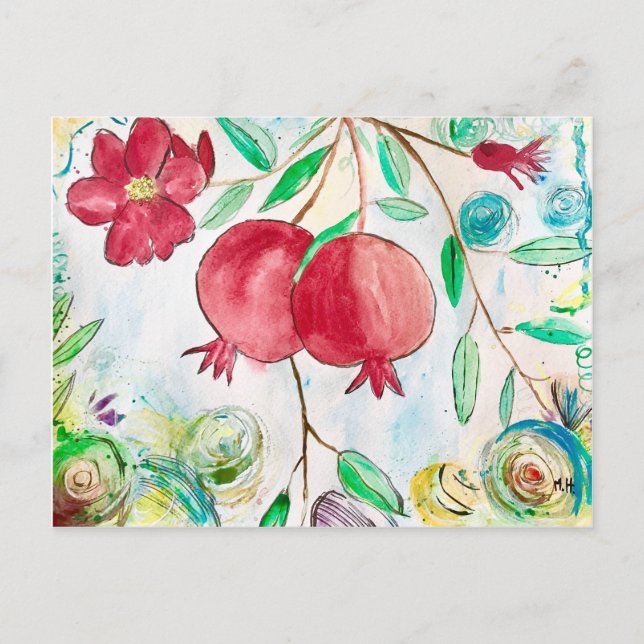Carte Postale Aquarelle motif de fruits rouges de grenade (Devant)