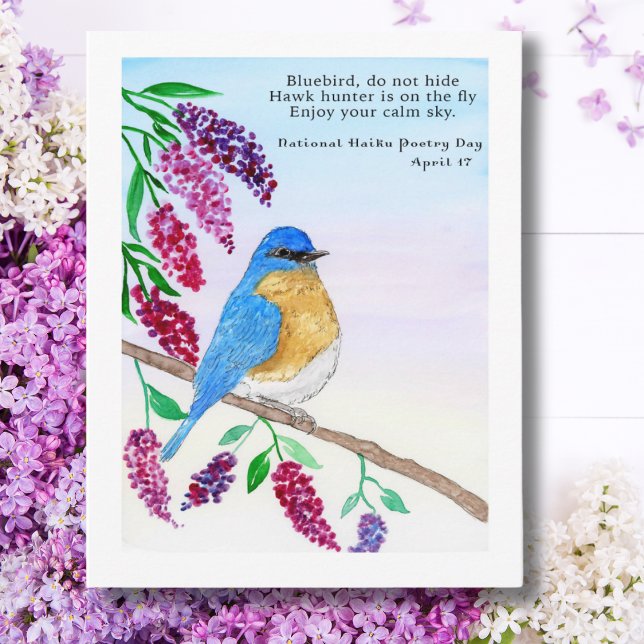 Carte Postale Aquarelle Nationale Haiku Oiseau Bleu Dans L'Arbre (Créateur téléchargé)