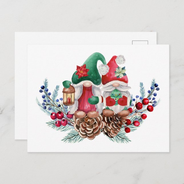Carte Postale Aquarelle Noël Gnomes (Devant / Derrière)