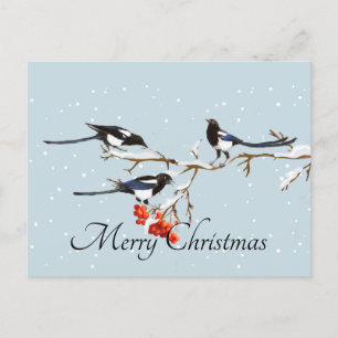 Carte Postale Aquarelle Noël Holly Magpie Oiseau Nature Art