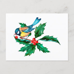 Carte Postale Aquarelle Oiseau bleu jaune sur la branche de baie