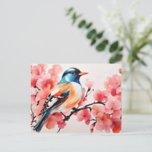 Carte Postale Aquarelle Oiseau Vibrant Dans La Forêt De Fleurs D
