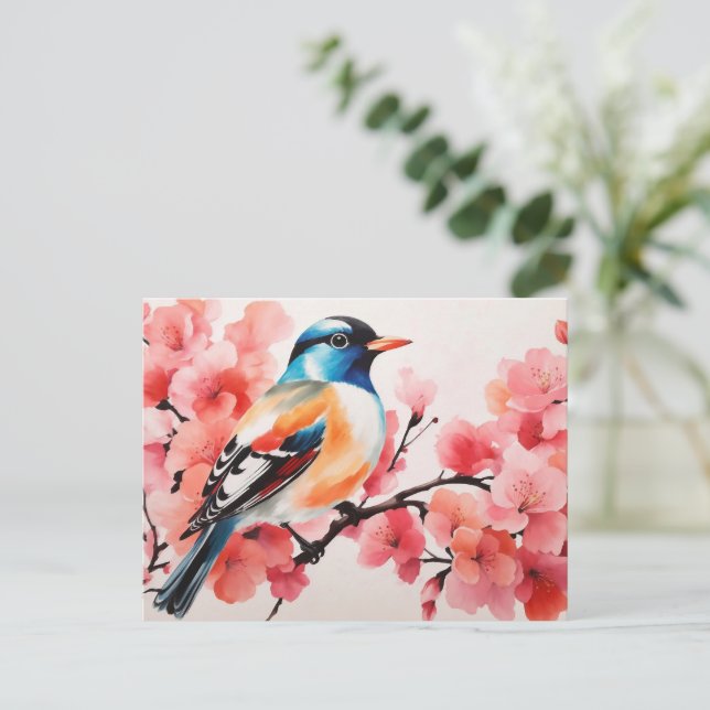 Carte Postale Aquarelle Oiseau Vibrant Dans La Forêt De Fleurs D (Debout devant)