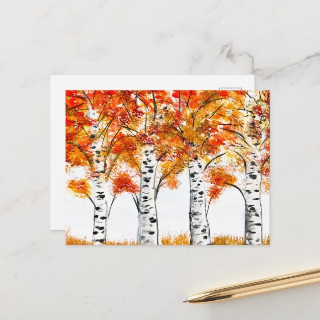 Carte Postale Aquarelle Oiseaux Arbres Automne Orange Feuille (Devant/Arrière en situation)
