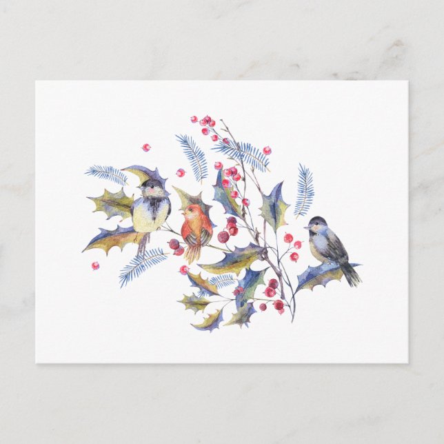 Carte Postale Aquarelle Oiseaux forestiers sauvages et Baies rou (Devant)