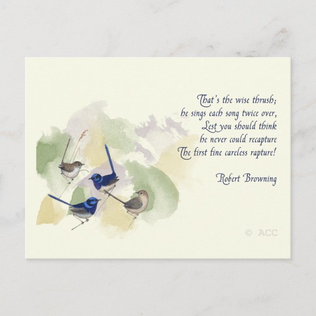Carte Postale Aquarelle Oiseaux Robert Browning Poem (Devant)